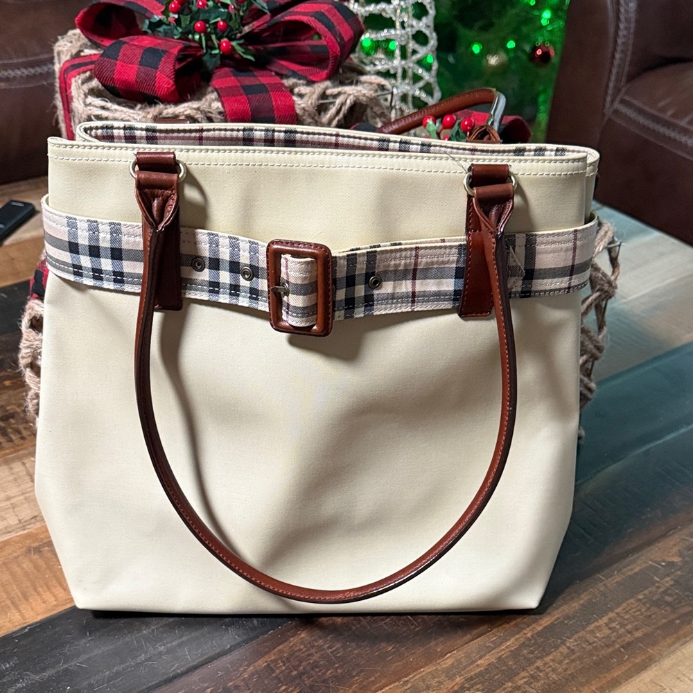 Authentic Burberry Cream Shoulder Bag with Brown Straps